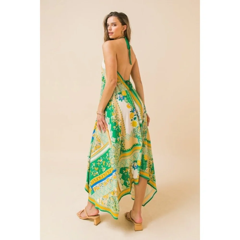Flying Tomato Green & Ivory Patchwork Print Hanky Hem Halter Dress - Picture 7 of 9